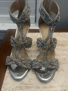 ANTONIO MELANI Silver Rhinestone Strappy High Heels
